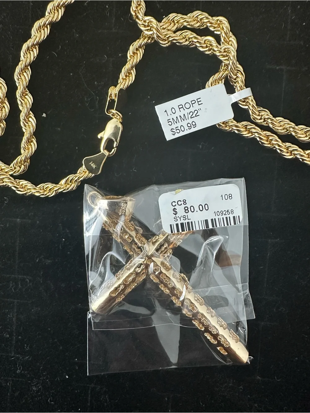 New Gold plated cross Jesus Crucifix Pendant charm with new Rope Chain